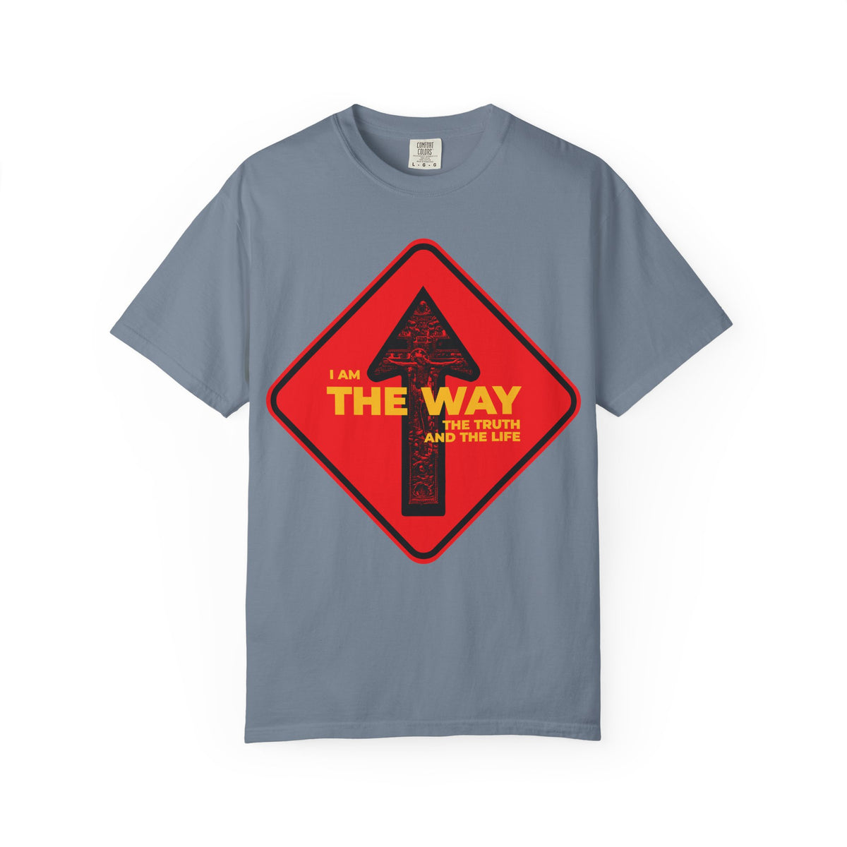 Blue Jean heavyweight cotton unisex tee featuring a street sign “One Way” arrow crucifix design and the text: I am the way, the truth, and the life—a nod to John 14:6 and Jesus as the way.