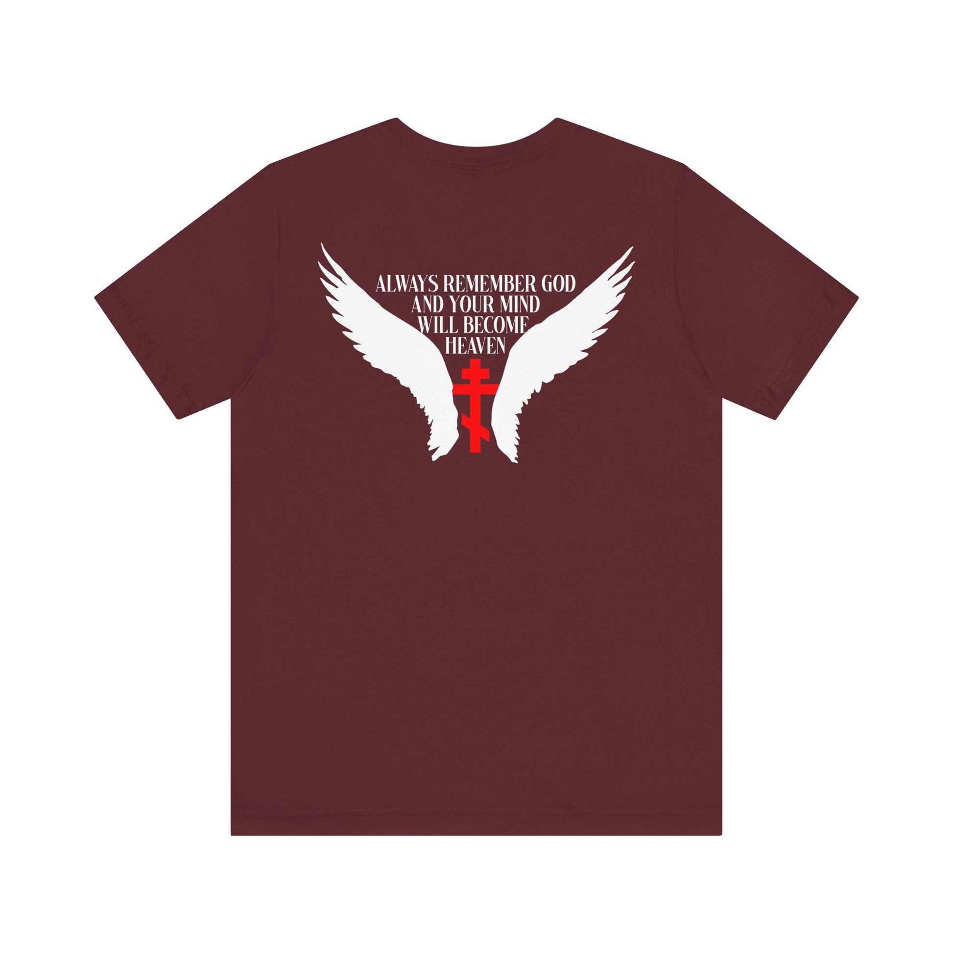 Elevate your style with the "It's Later Than You Think No. 3 Split W/ Always Remember God and Your Mind Will Become Heaven No. 1" lightweight cotton unisex tee, featuring a striking maroon design with white angel wings, a red cross, and the inspirational message: Always remember God and your mind will become heaven—a beautiful tribute to the way of life revered by the Blessed Seraphim of Platina.