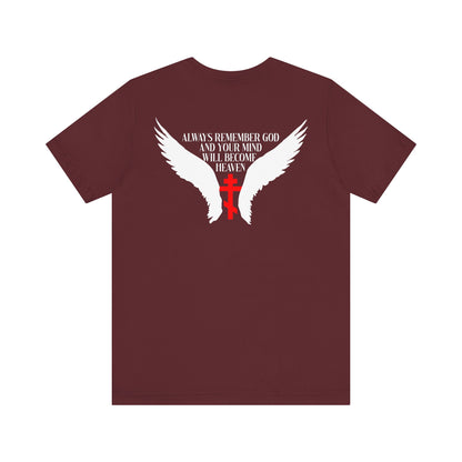 Elevate your style with the "It's Later Than You Think No. 3 Split W/ Always Remember God and Your Mind Will Become Heaven No. 1" lightweight cotton unisex tee, featuring a striking maroon design with white angel wings, a red cross, and the inspirational message: Always remember God and your mind will become heaven—a beautiful tribute to the way of life revered by the Blessed Seraphim of Platina.