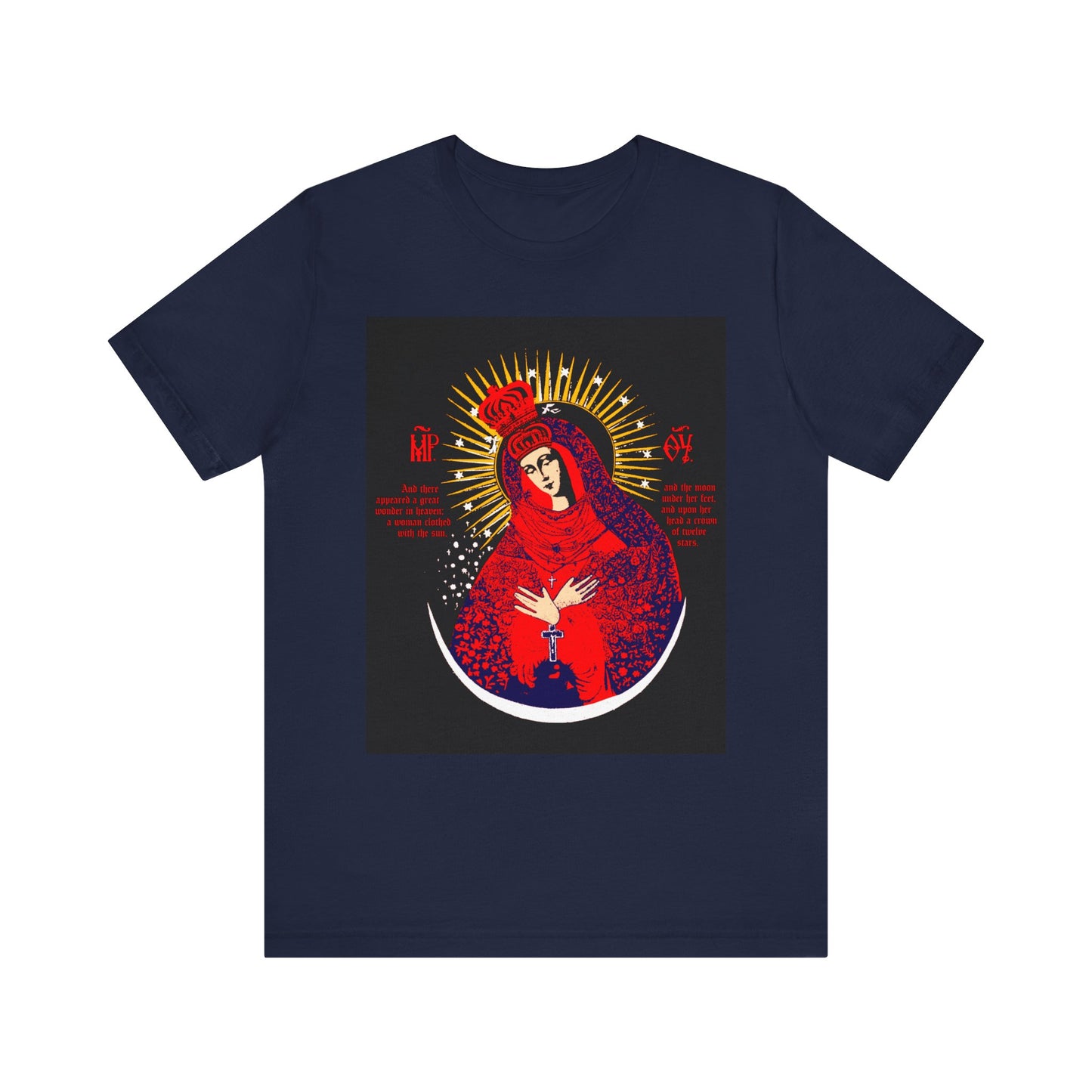 Navy unisex t-shirt in lightweight cotton, featuring the "Our Lady the Gate of Dawn Icono-Graphic" design—a crowned Theotokos/Woman of the Apocalypse depicted in red with gold rays and symbols.