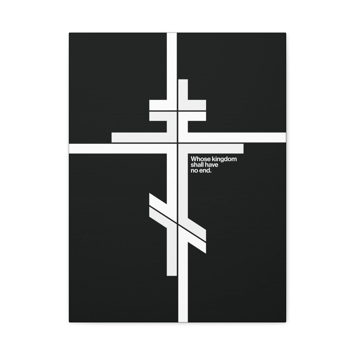 Modernist minimalist canvas art featuring a white Orthodox cross on black with "Whose Kingdom Shall Have No End" (Luke 1:32-33). Christian wall decor reflecting Orthodox faith and the eternal nature of Christ’s kingdom.
