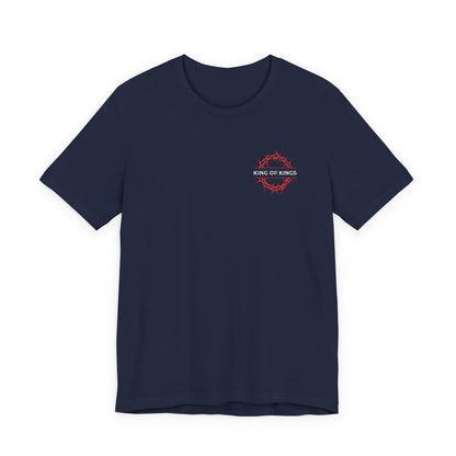 Navy "King of Kings Crown of Thorns" embroidered tee featuring a small red crown and text, inspired by Revelation 19:16. Orthodox Christian unisex cotton shirt—The King of Glory, Christ is King.