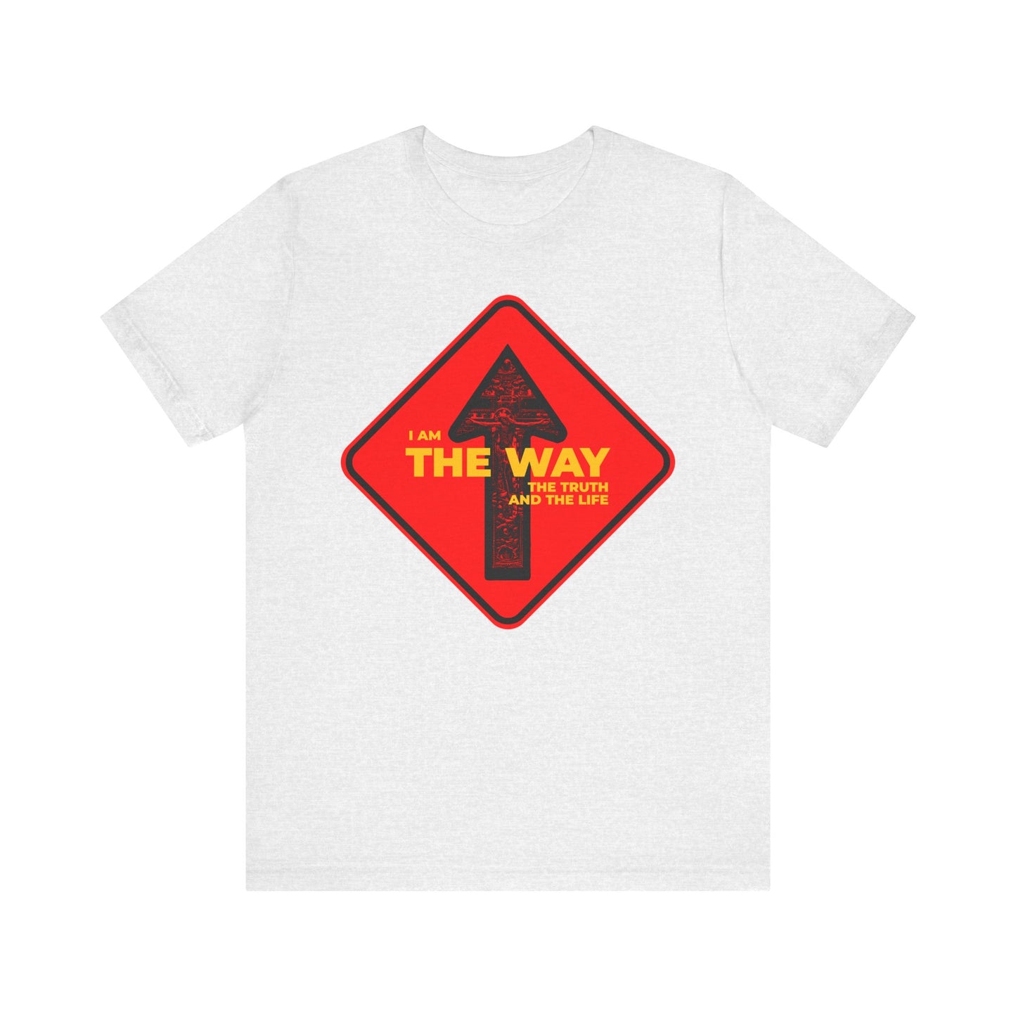 Ash unisex cotton tee with a one way arrow street sign graphic and the text "I Am the Way, the Truth and the Life"—a unique Orthodox Christian design perfect for sharing your faith.