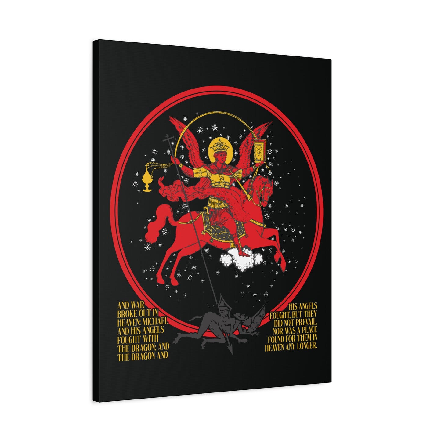 Archangel Michael, sword and shield in hand, rides a red horse defeating a black dragon—depicted in "Archangel Michael of the Apocalypse Icono-Graphic | War in Heaven (Rev 12:7-9) | Satan Cast Out | Christian Canvas Art" with gold text below.