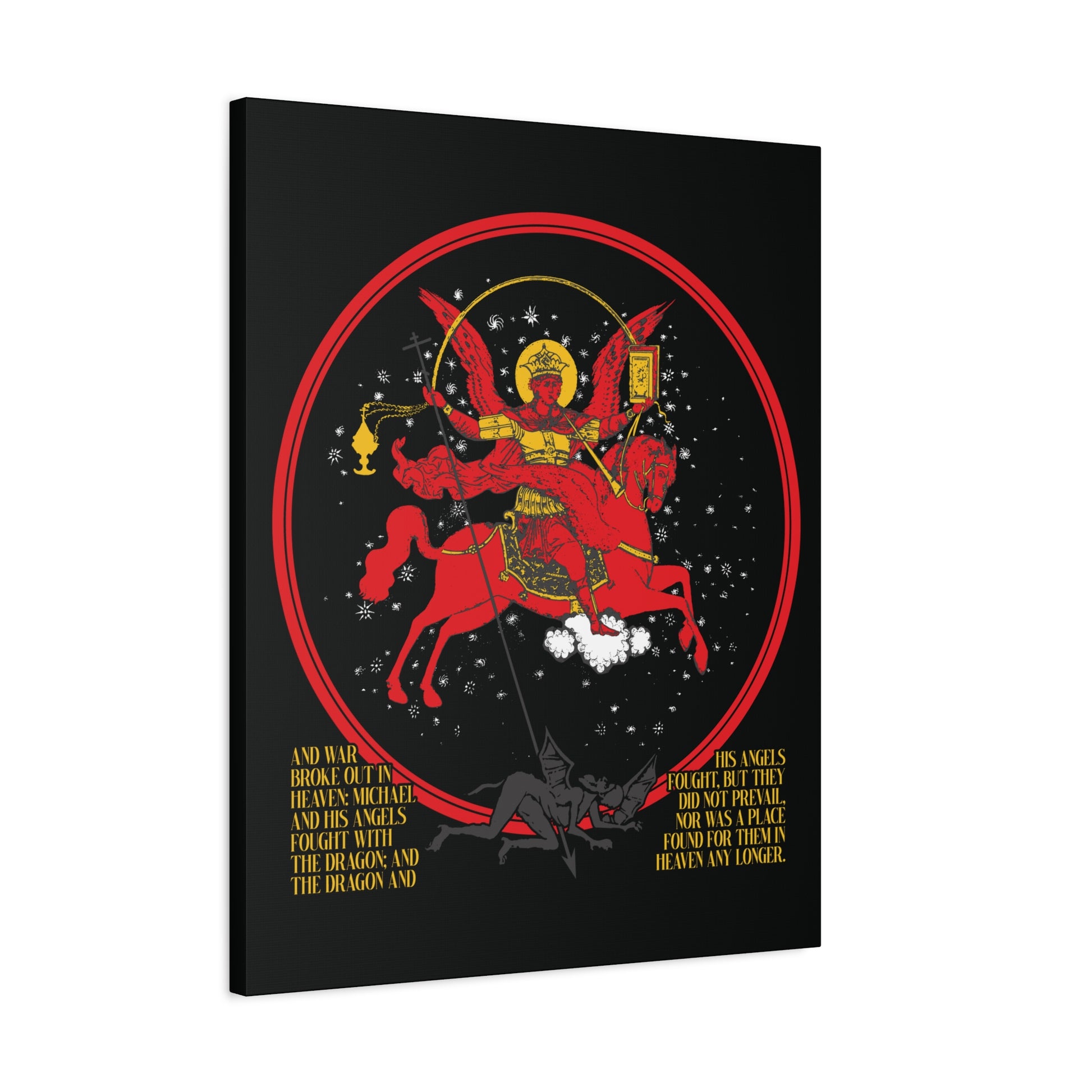 Archangel Michael, sword and shield in hand, rides a red horse defeating a black dragon—depicted in "Archangel Michael of the Apocalypse Icono-Graphic | War in Heaven (Rev 12:7-9) | Satan Cast Out | Christian Canvas Art" with gold text below.