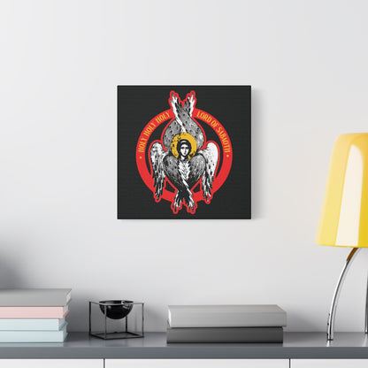 The "Holy Holy Holy, Lord of Sabaoth" Orthodox Seraphim Angel IconoGraphic is a Christian wall art print inspired by Isaiah 6, featuring a six-winged seraphim with a halo—perfect above a table with books and a yellow lamp.
