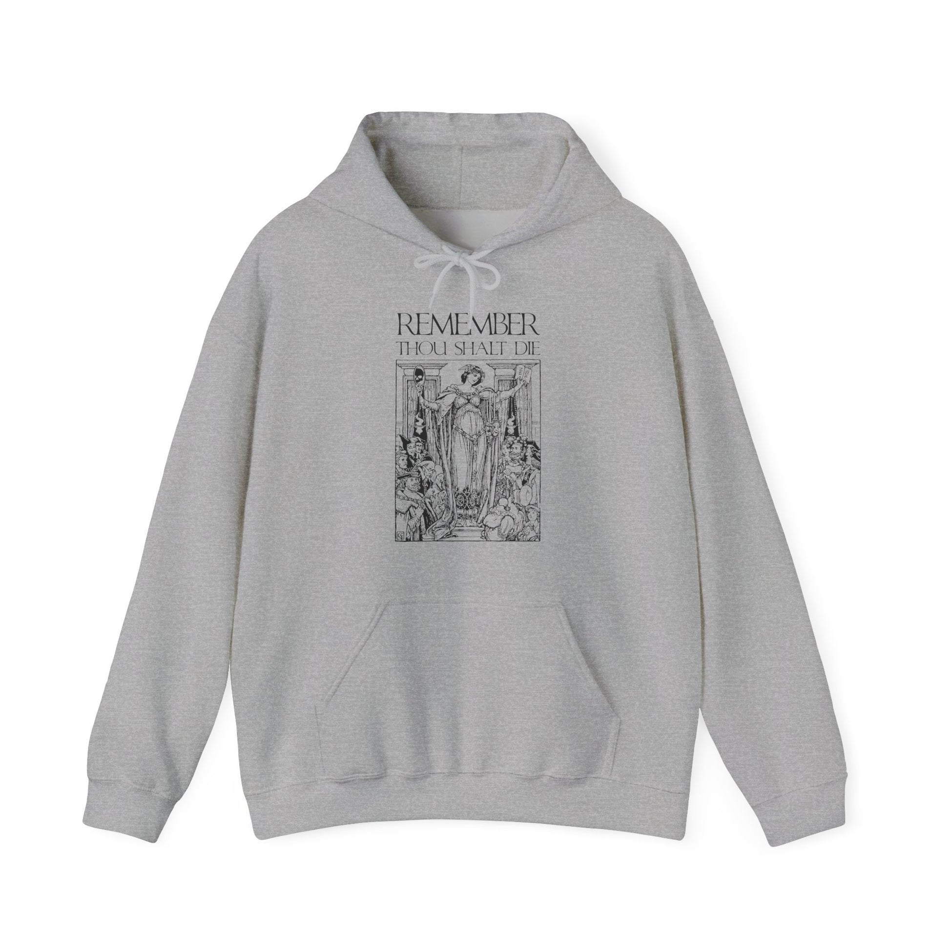 Sport Grey hoodie featuring a classic woodcut-style "Remember You Will Die" Shakespearean design, inspired by memento mori themes and Orthodox Christian reflection, with a striking medieval illustration on the front.