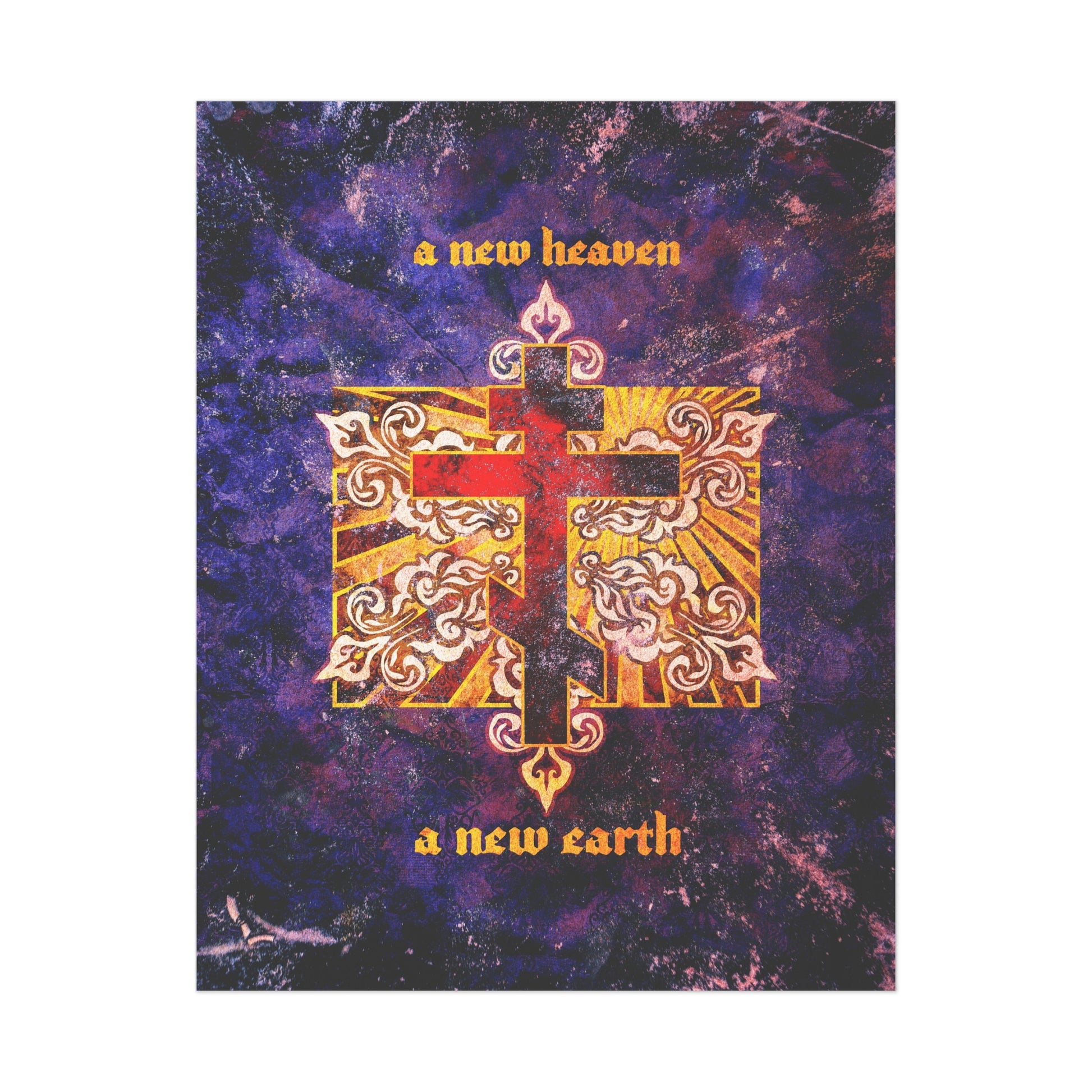 A New Heaven/A New Earth Orthodox Christian art poster features a red Orthodox cross on a textured ornate background, inspired by apocalyptic KJV Bible verses about the holy city New Jerusalem.