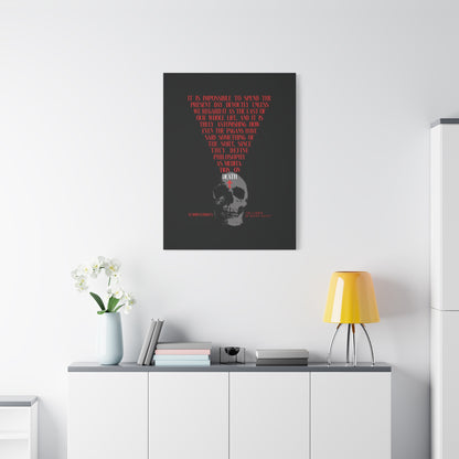 The "Present Day As the Last Day of Our Life" canvas, featuring a skull with a red Orthodox cross and memento mori theme, hangs above a white cabinet with plants and a yellow lamp.