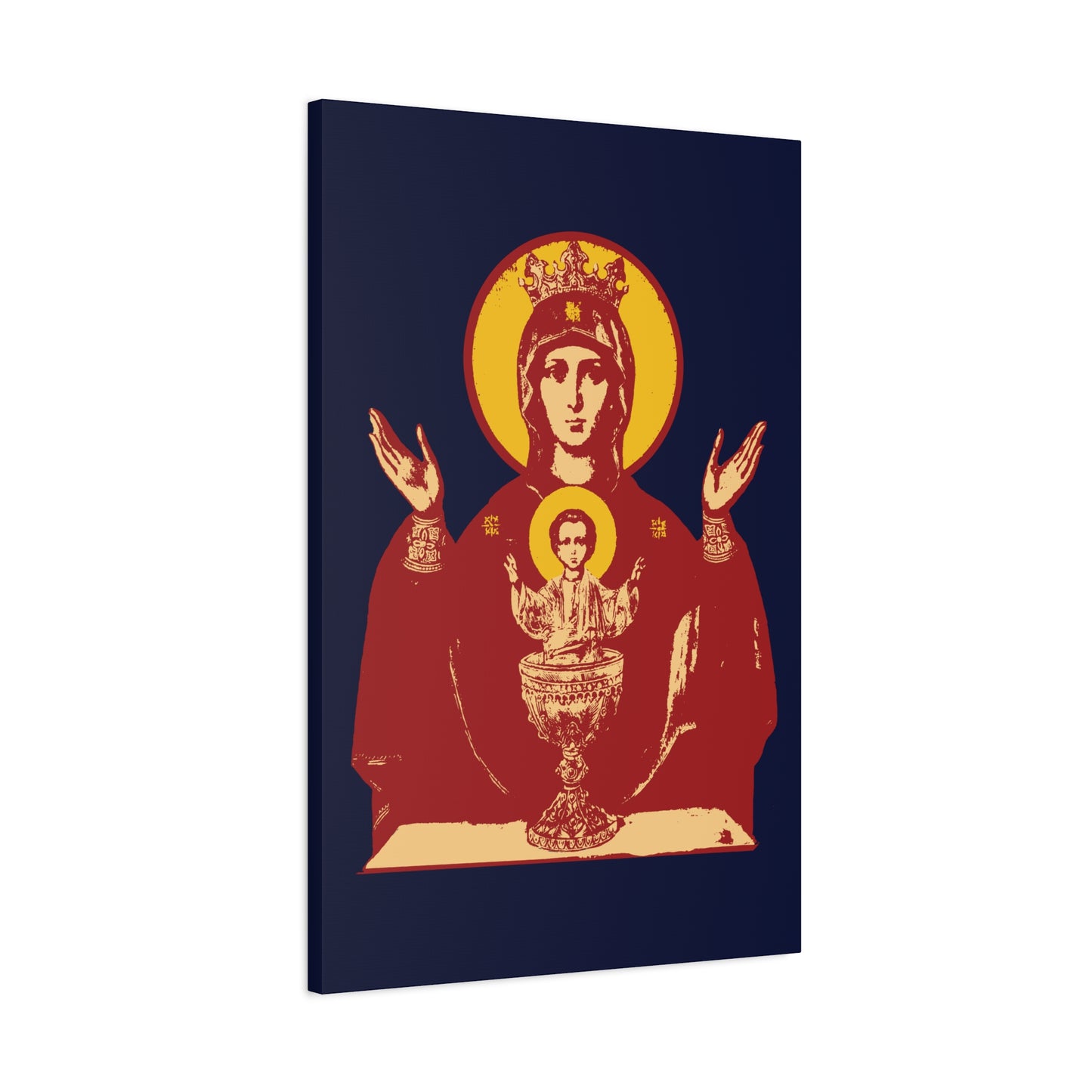 Holy Theotokos IconoGraphic of the Inexhaustible Chalice: Orthodox Christian wall art showing the Mother of God with raised hands and Christ in a chalice, symbolizing deliverance from addictions and conquering passions.