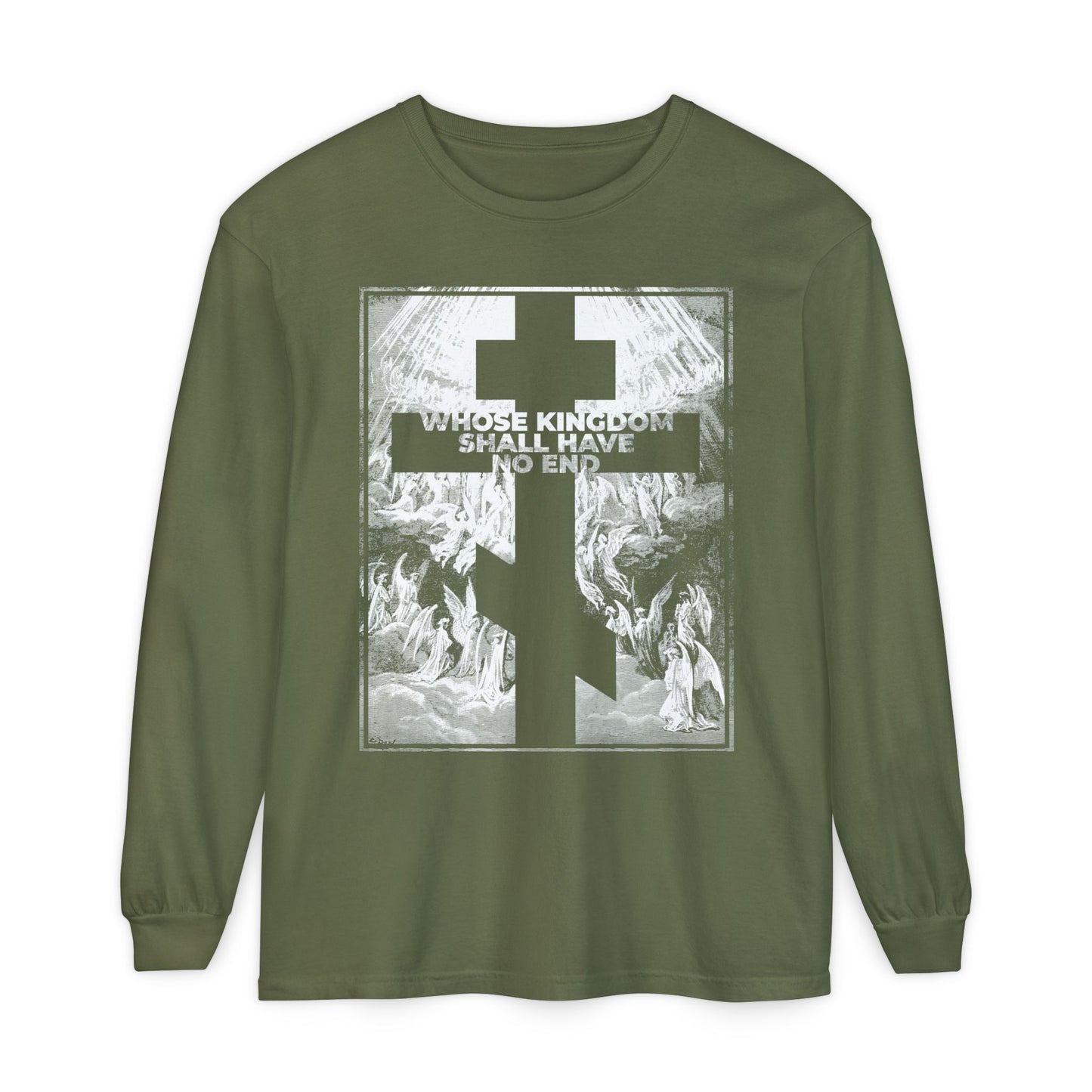 Hemp-colored Orthodox long sleeve, "Whose Kingdom Shall Have No End," features a cross and text over a Gustave Doré etching, inspired by the Nicene Creed and Christian faith foundations.