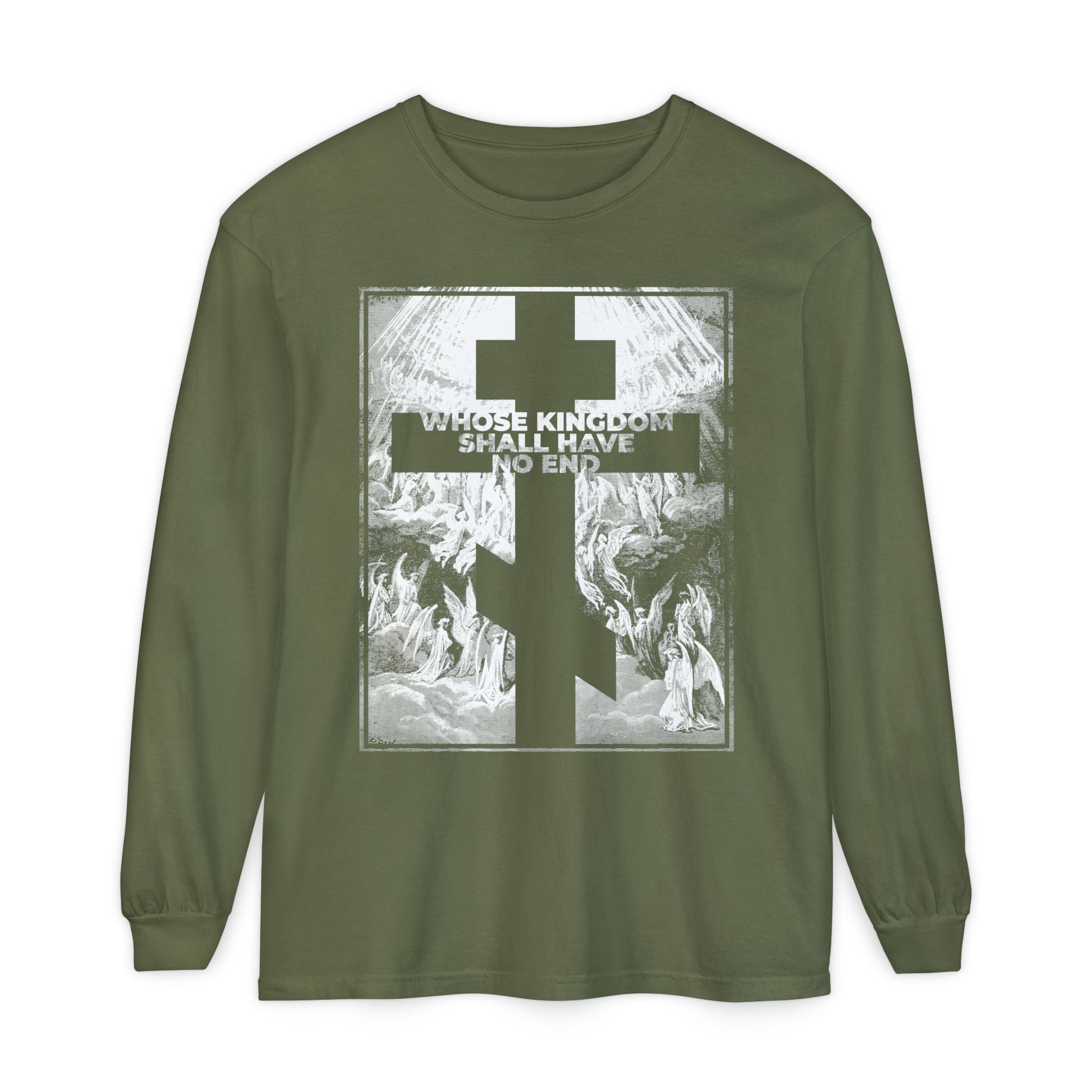 Hemp-colored Orthodox long sleeve, "Whose Kingdom Shall Have No End," features a cross and text over a Gustave Doré etching, inspired by the Nicene Creed and Christian faith foundations.