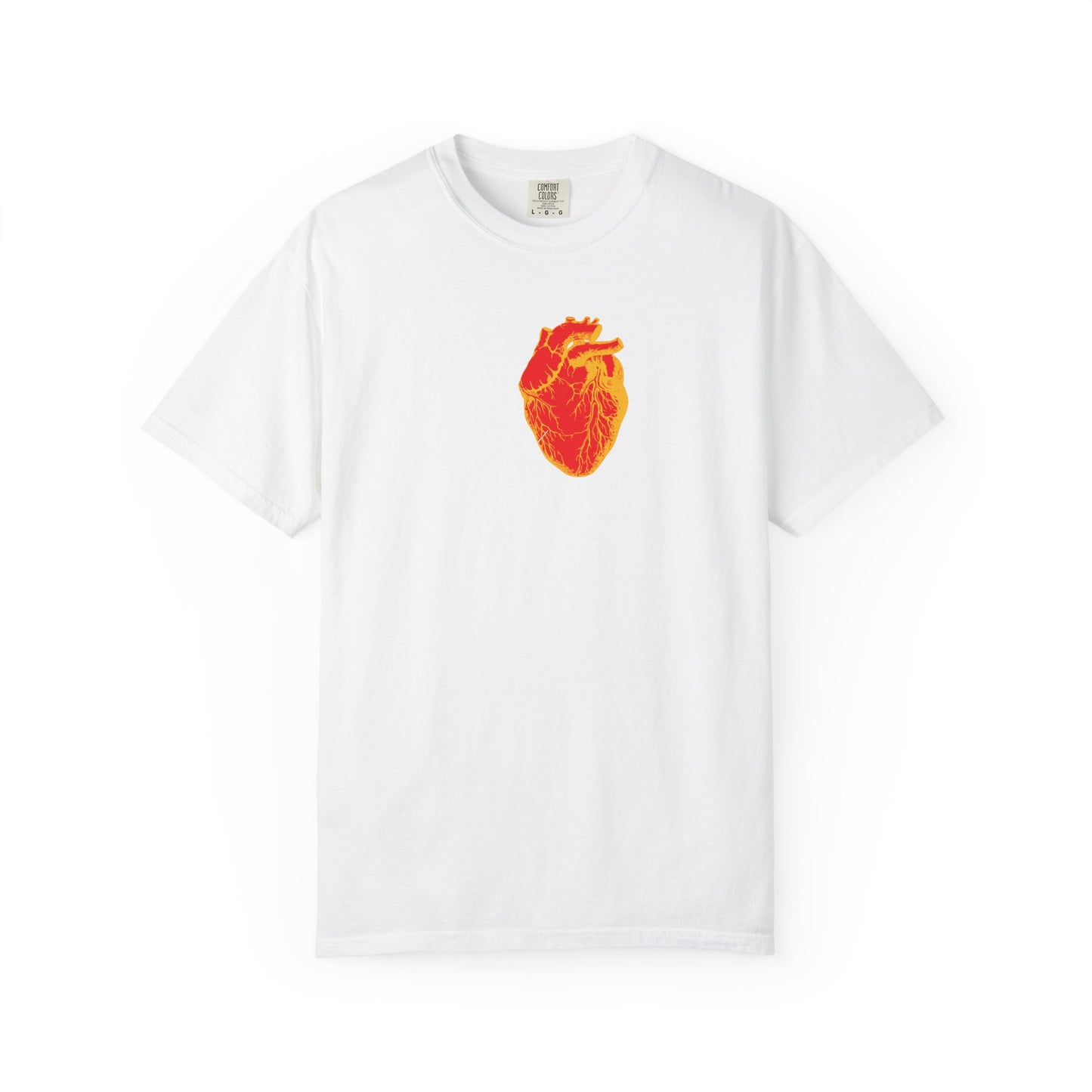White "Remember You Will Die" tee features a red and orange antique medical heart graphic symbolizing memento mori, centered on the chest. Heavyweight cotton, Orthodox unisex fit.
