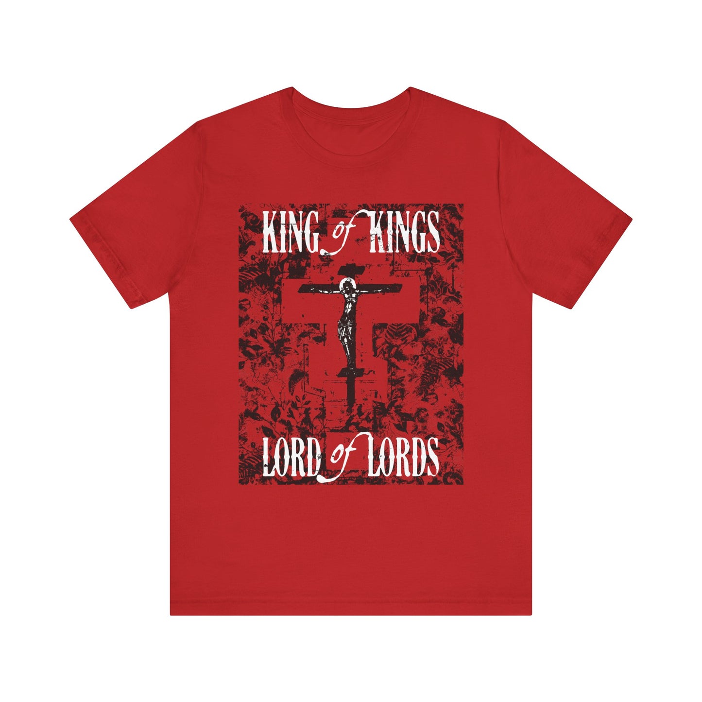 King of Kings, Lord of Lords | Christ Crucified Icono-Graphic | Red Cross Nature Texture w/ White Text | Lightweight Cotton Unisex Tee