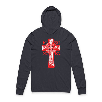 Heather navy hoodie featuring the ICXC NIKA Celtic Knotwork Cross in black and white on a red background, symbolizing "Jesus Christ Conquers" in traditional Orthodox Christian style.