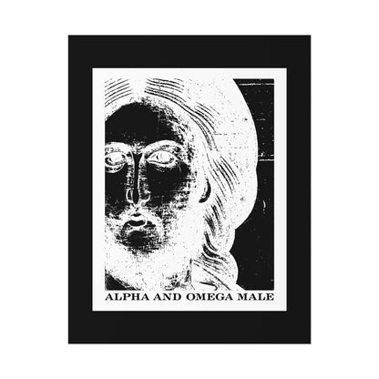 High-contrast, photonegative portrait of Jesus titled "Alpha & Omega Male | I am the Beginning & the End (Rev 22)"—Orthodox Christian art poster symbolizing new heaven and water of life.