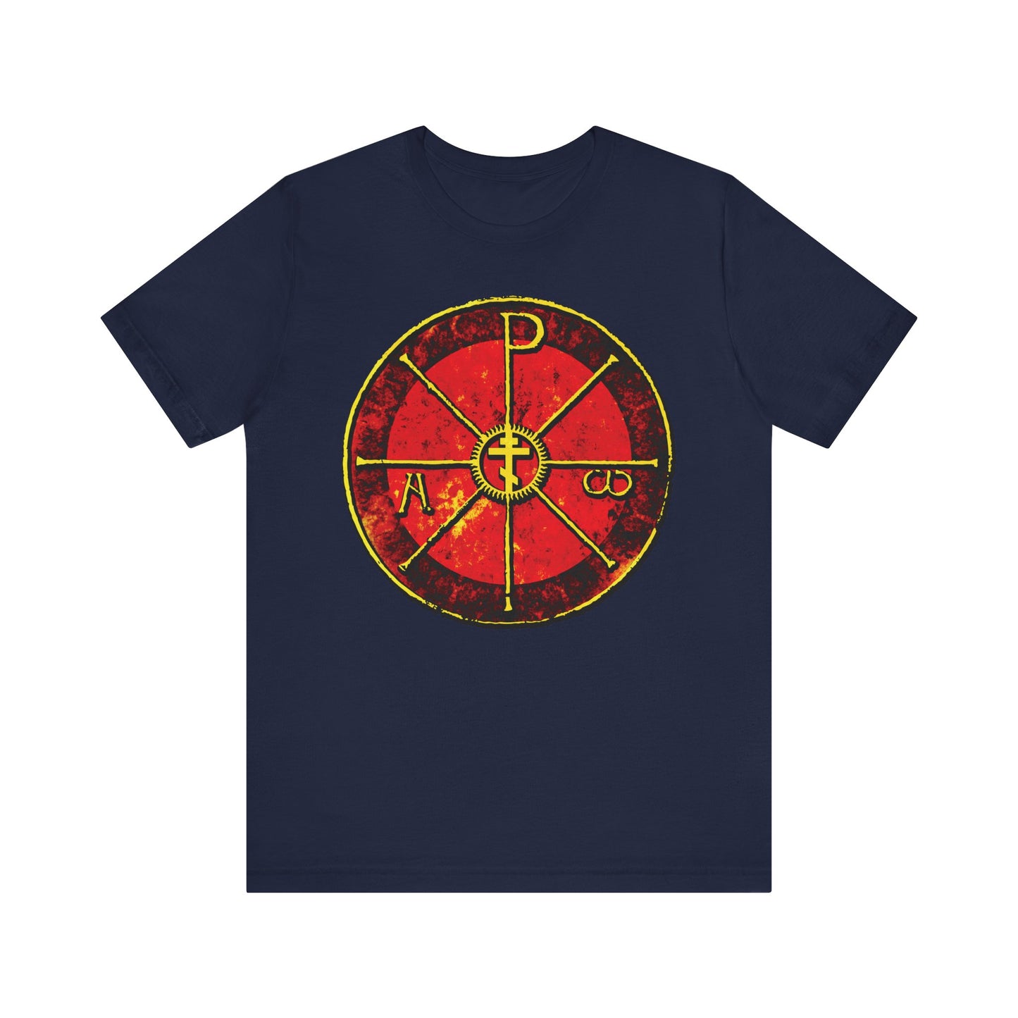 Navy "Alpha & Omega Chi Rho Orthodox Cross" lightweight cotton t-shirt featuring an ancient Christogram boldly printed on the front, inspired by the historic Cathedral of Milan.