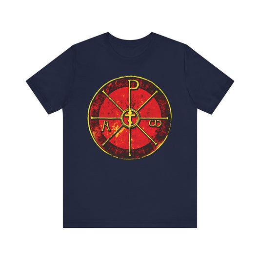 Navy "Alpha & Omega Chi Rho Orthodox Cross" lightweight cotton t-shirt featuring an ancient Christogram boldly printed on the front, inspired by the historic Cathedral of Milan.