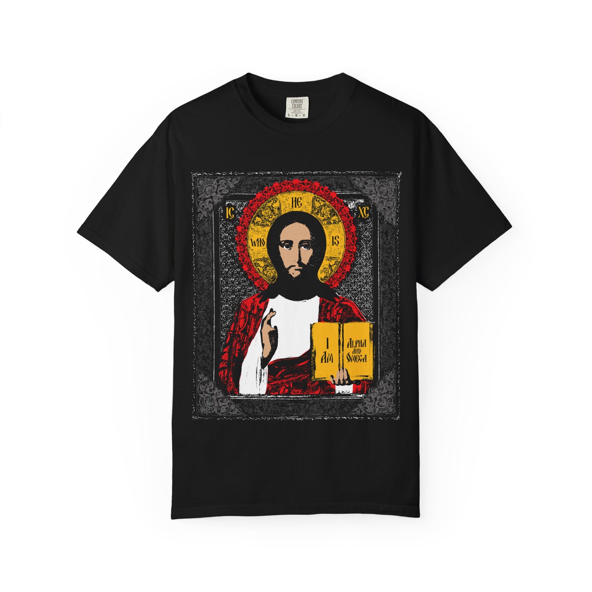 Black heavyweight cotton tee with Christ Pantocrator icon graphic, showing Jesus holding a book with gold halo—symbolizing "I Am the Alpha and Omega." Unisex.