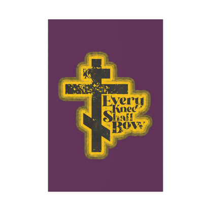 A 70s distressed halftone comic book-style Orthodox Christian art poster, featuring an “Every knee shall bow” design inspired by Philippians 2:10-11 and Isaiah 45:23.