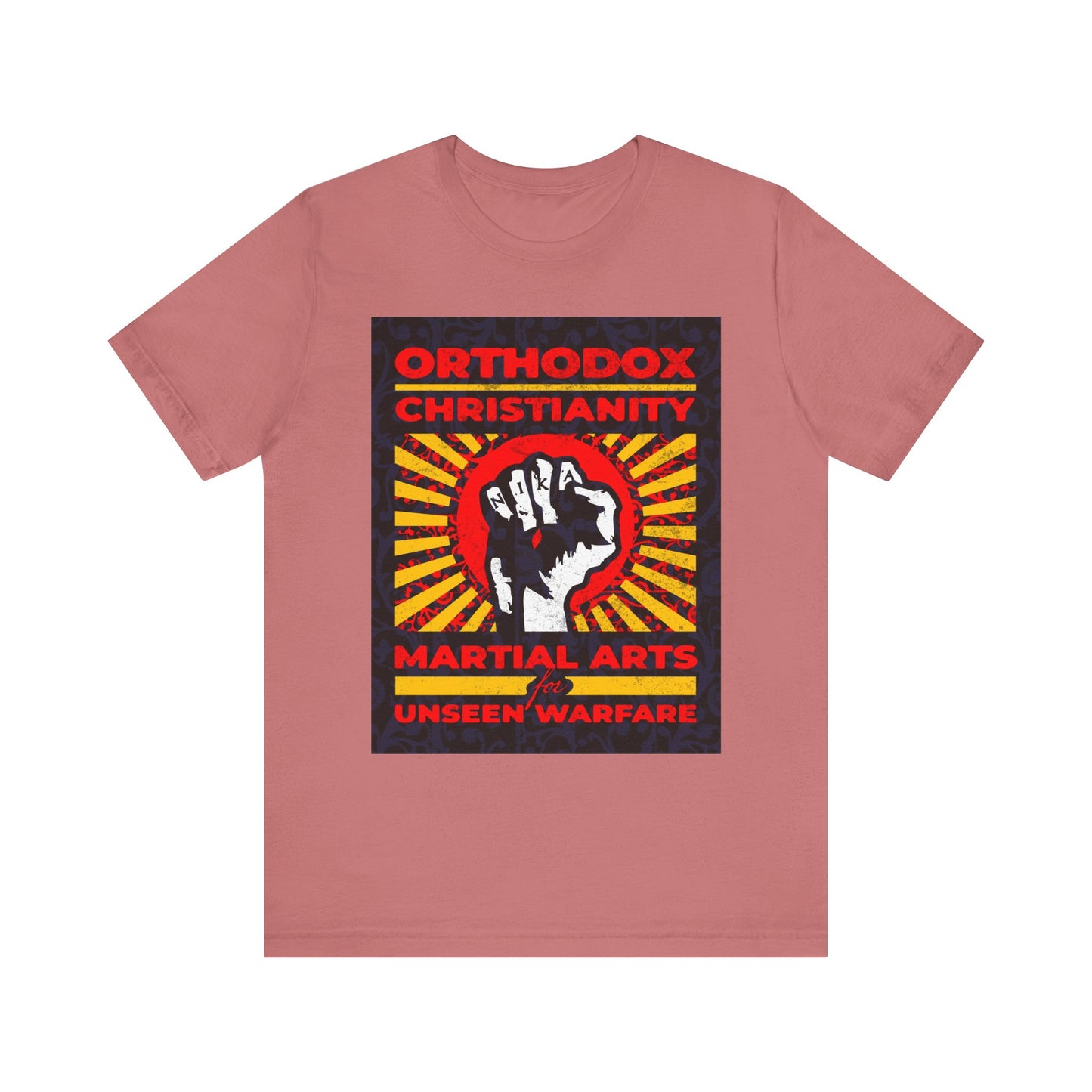 Mauve lightweight cotton unisex tee featuring the NIKA Jesus Fist on a colorful sunburst, boldly reading "Orthodox Christianity: Martial Arts for Unseen Warfare"—an ideal shirt for those embracing Christian virtue and the spiritual struggle celebrated by Archbishop Averky.