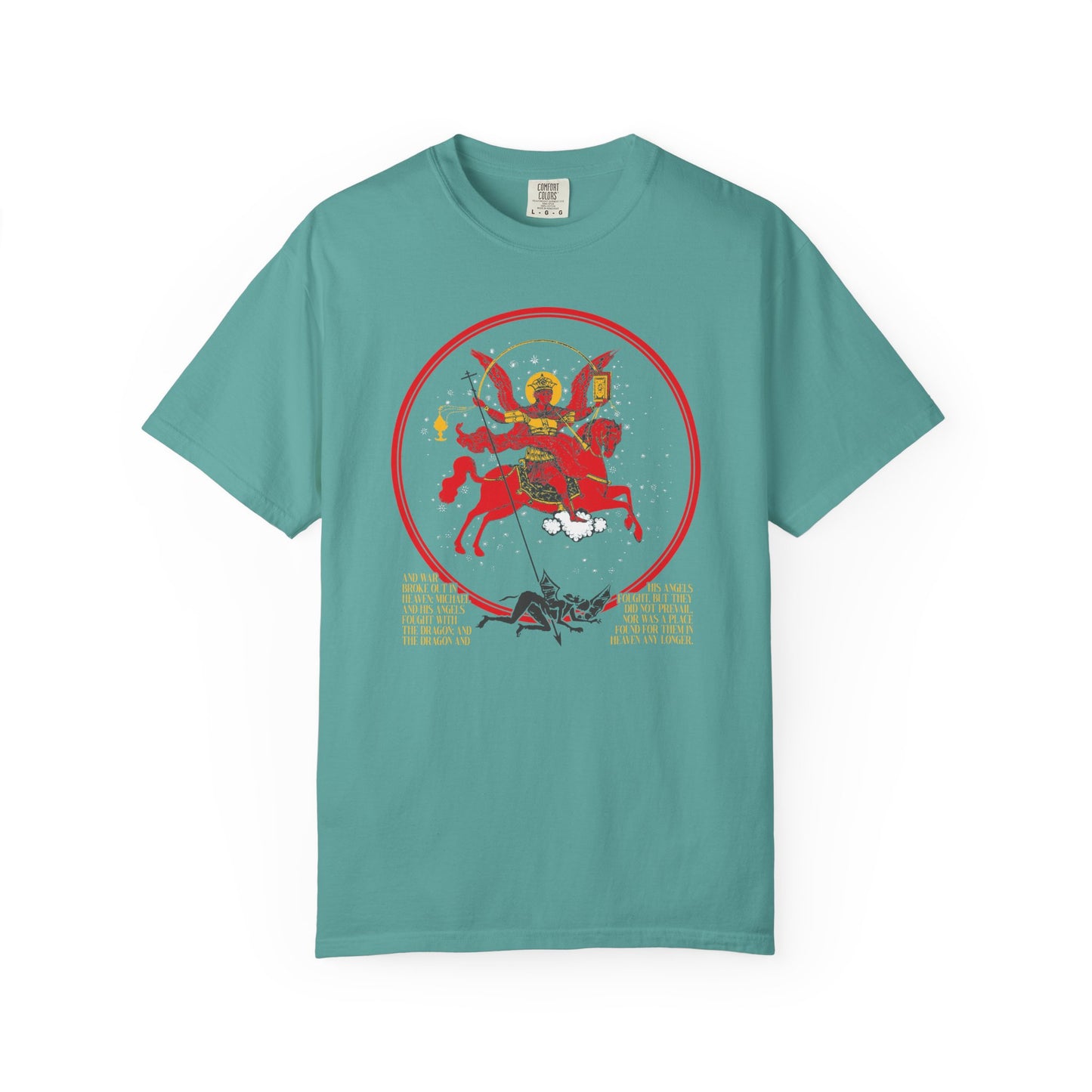 A seafoam heavyweight cotton unisex tee featuring a graphic of Archangel Michael slaying a dragon from Revelation 12, ringed in red with text. "Death is Swallowed Up In Victory." DOUBLE-SIDED Orthodox iconographic design.