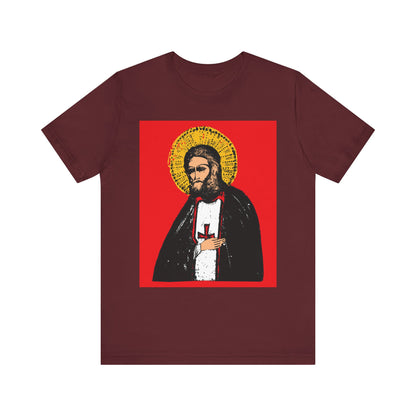 Maroon lightweight cotton tee featuring an icon-style St. Seraphim of Sarov and a quote on acquiring the Holy Spirit, inspired by Orthodox Christian life. 2-sided unisex design.