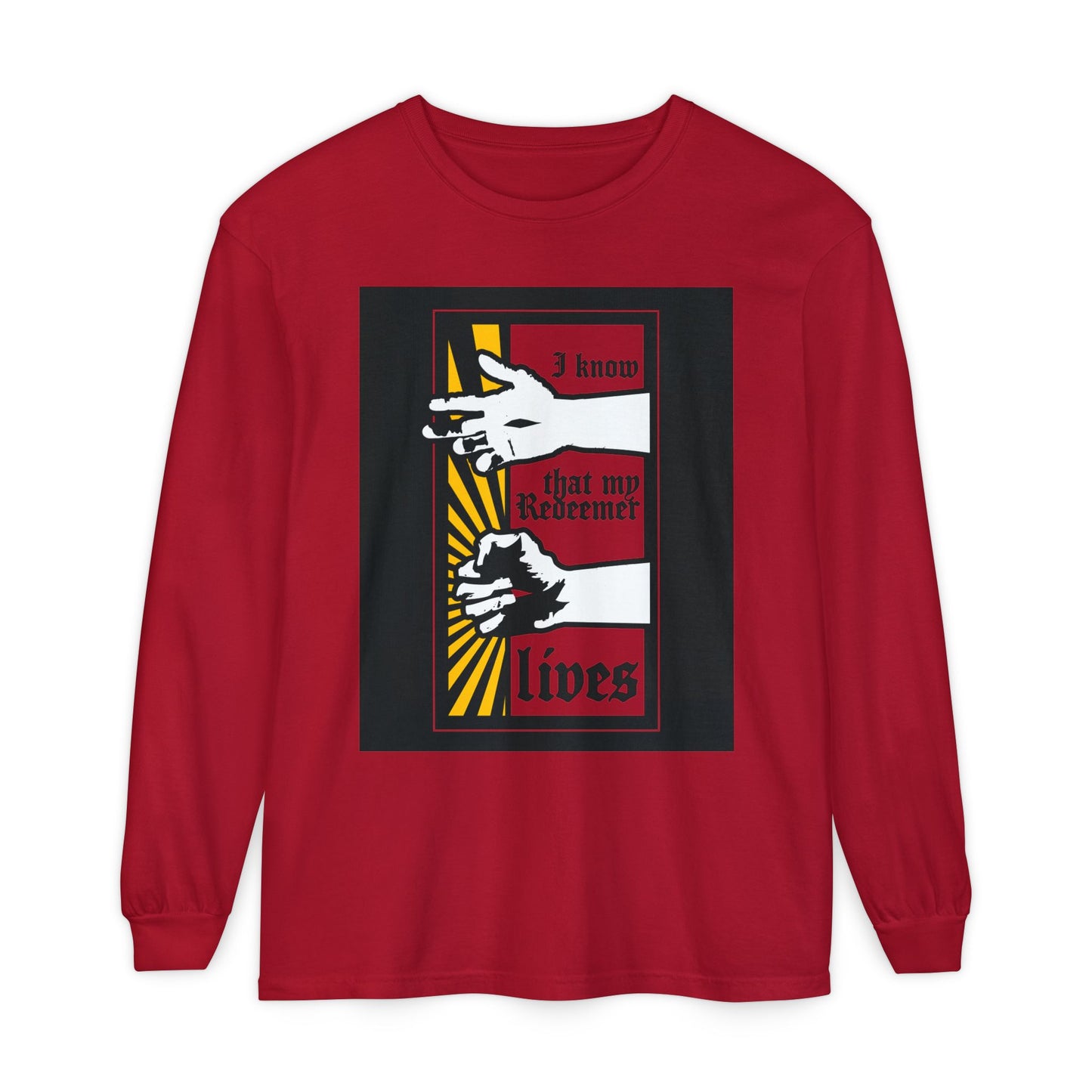 Red long-sleeve shirt featuring a comic book style design of the resurrected Jesus’ fist with divine power and bold text: "I Know That My Redeemer Lives" (Job 19:25). Orthodox Christian apparel.