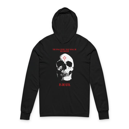 The Final Enemy That Shall Be Destroyed (1 Cor 15:26) | Skull in Crosshairs | Gothic Style Orthodox Long Sleeve Hooded Shirt