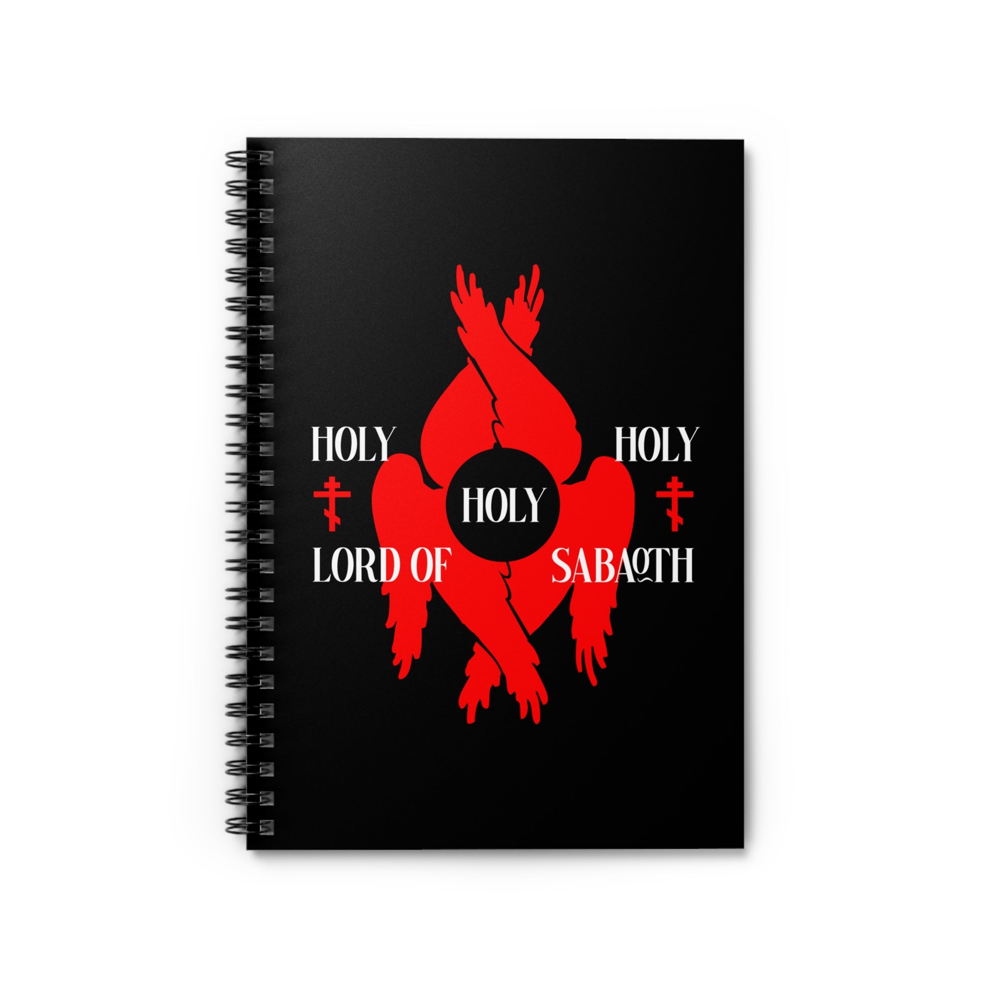 Spiral notebook with red seraphim wings, white "Holy Holy Holy Lord of Sabaoth" text, Orthodox crosses, and Isaiah 6:3.