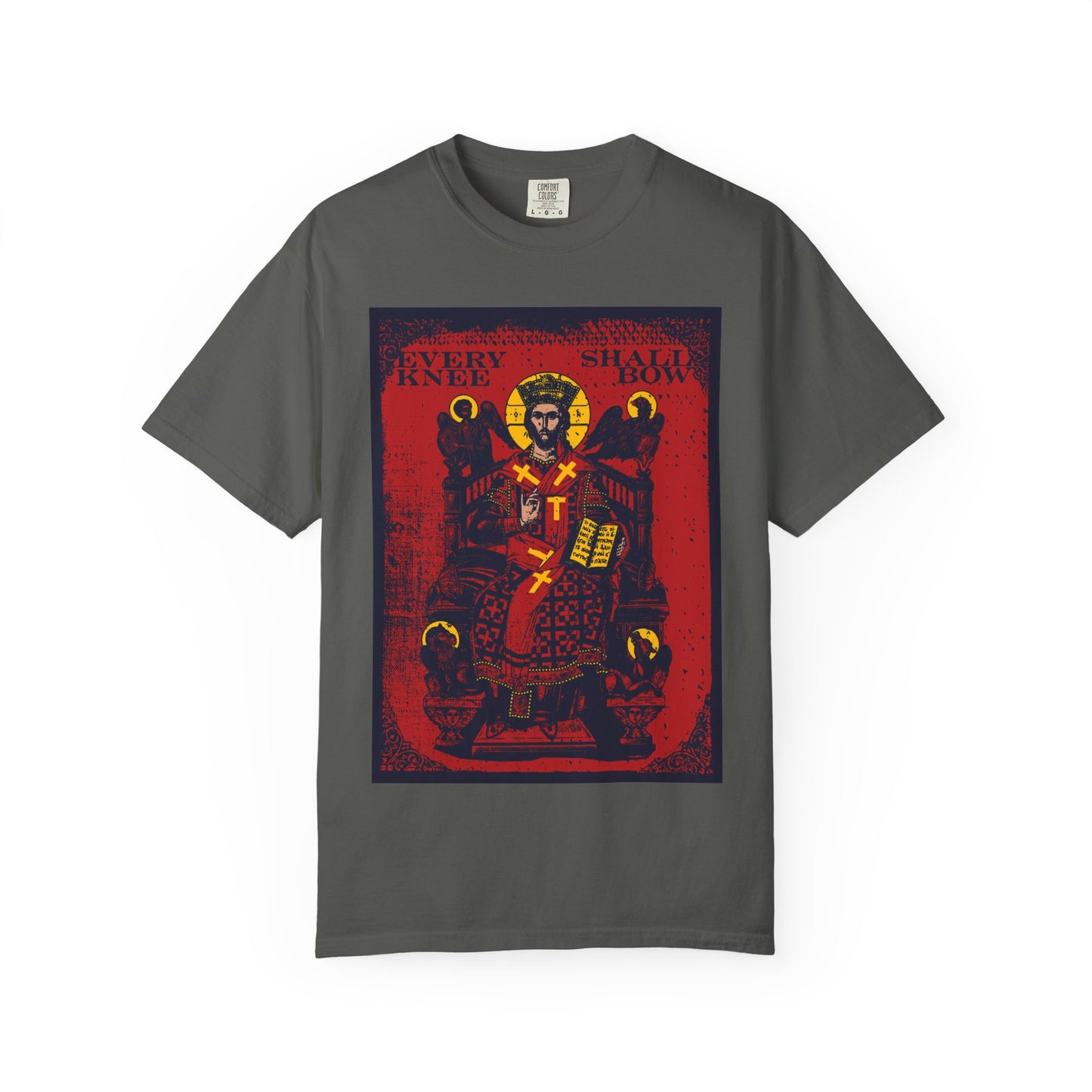 Pepper-colored heavyweight cotton tee features a crowned medieval knight and “Every Knee Shall Bow,” inspired by Philippians 2:8-11 and Isaiah 45:23, declaring Jesus Christ is Lord. Christ Enthroned IconoGraphic; Ezekiel’s Chariot design.