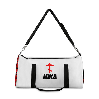 NIKA Red Orthodox Cross | White Bag | NIKE Logo Mashup | Minimalist Corporate Sports Logo Aesthetic | Orthodox Christian Gym Duffel Bag