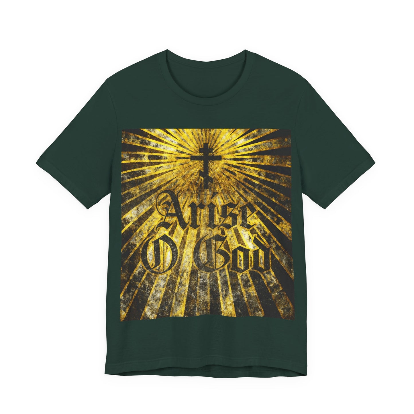 Forest-colored Arise O God t-shirt featuring a gold Orthodox cross, textured Gothic font, and radiant rays—a bold Orthodox Christian design inspired by Psalm 81 (82 LXX) and the Divine Council worldview.