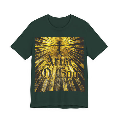 Forest-colored Arise O God t-shirt featuring a gold Orthodox cross, textured Gothic font, and radiant rays—a bold Orthodox Christian design inspired by Psalm 81 (82 LXX) and the Divine Council worldview.