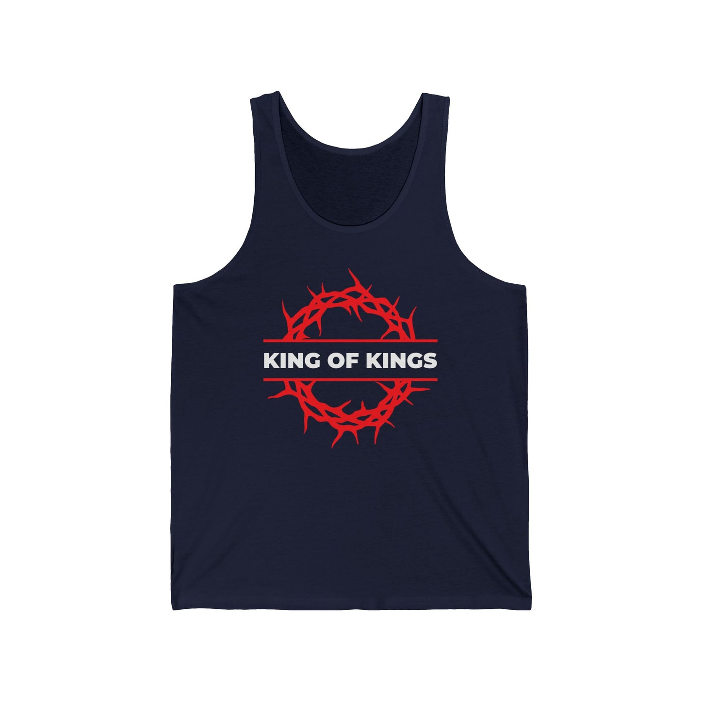 Navy tank top named "King of Kings Crown of Thorns | The King of Glory," featuring a red crown of thorns and KING OF KINGS text, inspired by Revelation 19:16. Made from soft jersey cotton, it proclaims Christ is King.