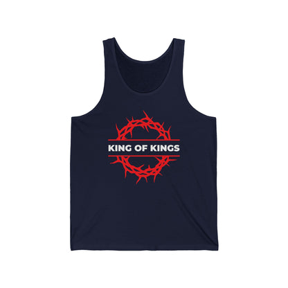 Navy tank top named "King of Kings Crown of Thorns | The King of Glory," featuring a red crown of thorns and KING OF KINGS text, inspired by Revelation 19:16. Made from soft jersey cotton, it proclaims Christ is King.