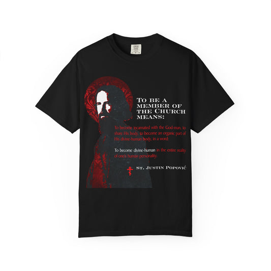 Black heavyweight cotton unisex tee, "To Be a Member of the Church," featuring a textured design inspired by Orthodox ecclesiology and a religious quote from St. Justin Popović in white text. Crafted from premium heavyweight cotton for comfort and durability, this Christian shirt comes in black with high-quality print for lasting inspiration.