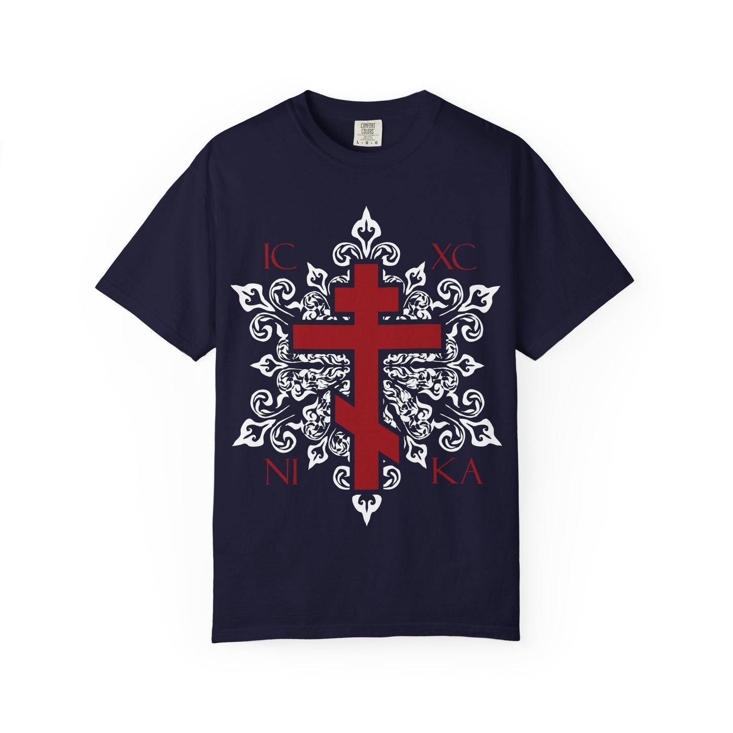 True Navy ICXC / NIKA Red Orthodox Cross on Ornate White Medieval Floral Design—our best-selling Orthodox Christian heavyweight cotton unisex tee—features a vivid red cross atop an intricate white medieval floral pattern, accented with Greek letters in each corner, drawing inspiration from the Adoration at the Cross and evoking the reverence found in the Kontakia of St. Romanos—a timeless reminder of Paradise.
