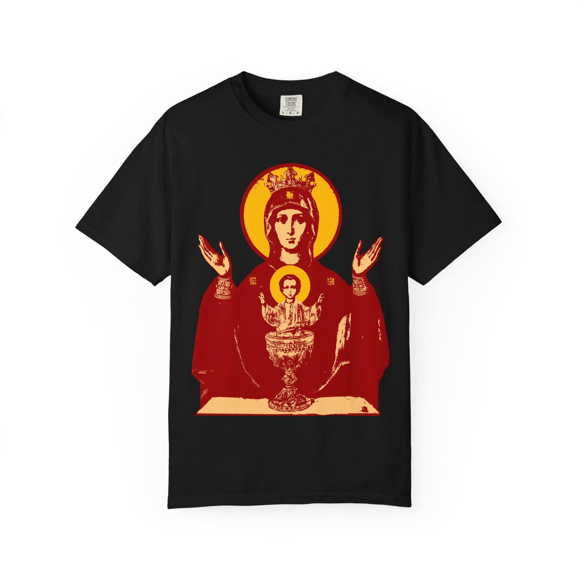 Black heavyweight cotton unisex t-shirt featuring a striking red and yellow graphic of the Holy Theotokos IconoGraphic of the Inexhaustible Chalice—Deliverer from Addictions and Conqueror of Passions—depicting the Theotokos and child with raised hands.