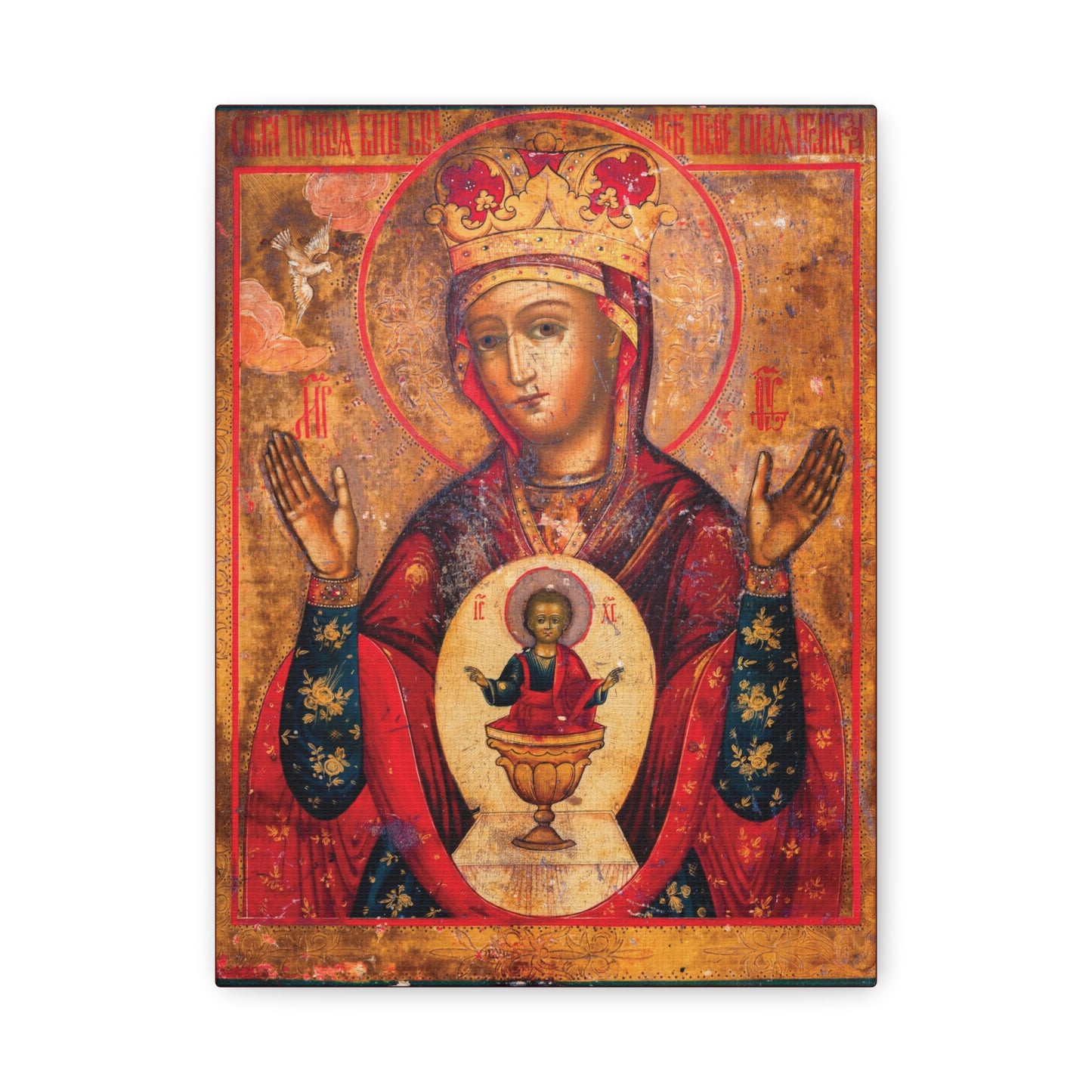 Mother of God of Nicaea Russian Orthodox Christian Icon—a depiction of the Theotokos (Panagia), crowned with hands raised in prayer, the Christ Child before her, adorned with a gold patterned background and halo—sacred canvas wall art evoking the divine presence at the Holy Table.