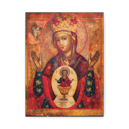 Mother of God of Nicaea Russian Orthodox Christian Icon—a depiction of the Theotokos (Panagia), crowned with hands raised in prayer, the Christ Child before her, adorned with a gold patterned background and halo—sacred canvas wall art evoking the divine presence at the Holy Table.