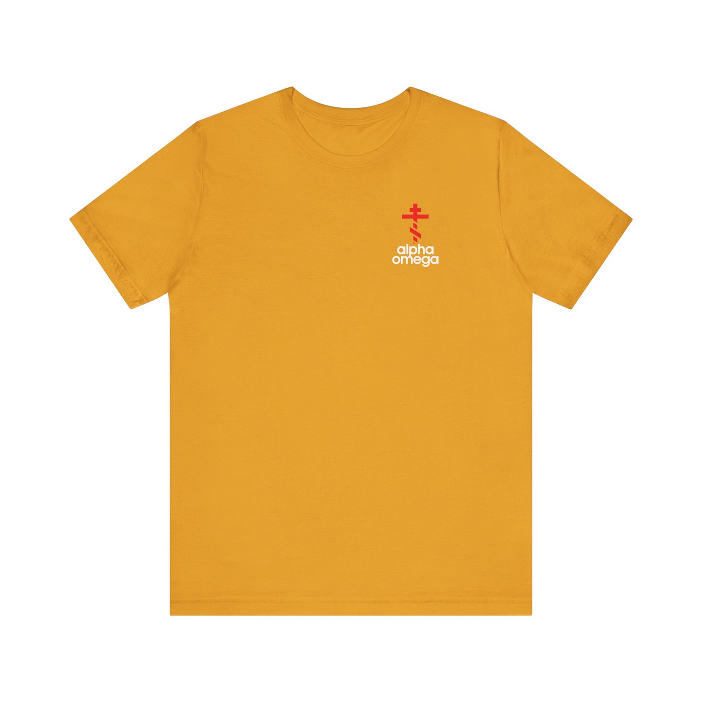Mustard Alpha & Omega Red Orthodox Cross Tee—minimalist Adidas-inspired mashup with small red cross and "alpha omega" text on the left chest; lightweight cotton, a subtle nod to Christian faith.