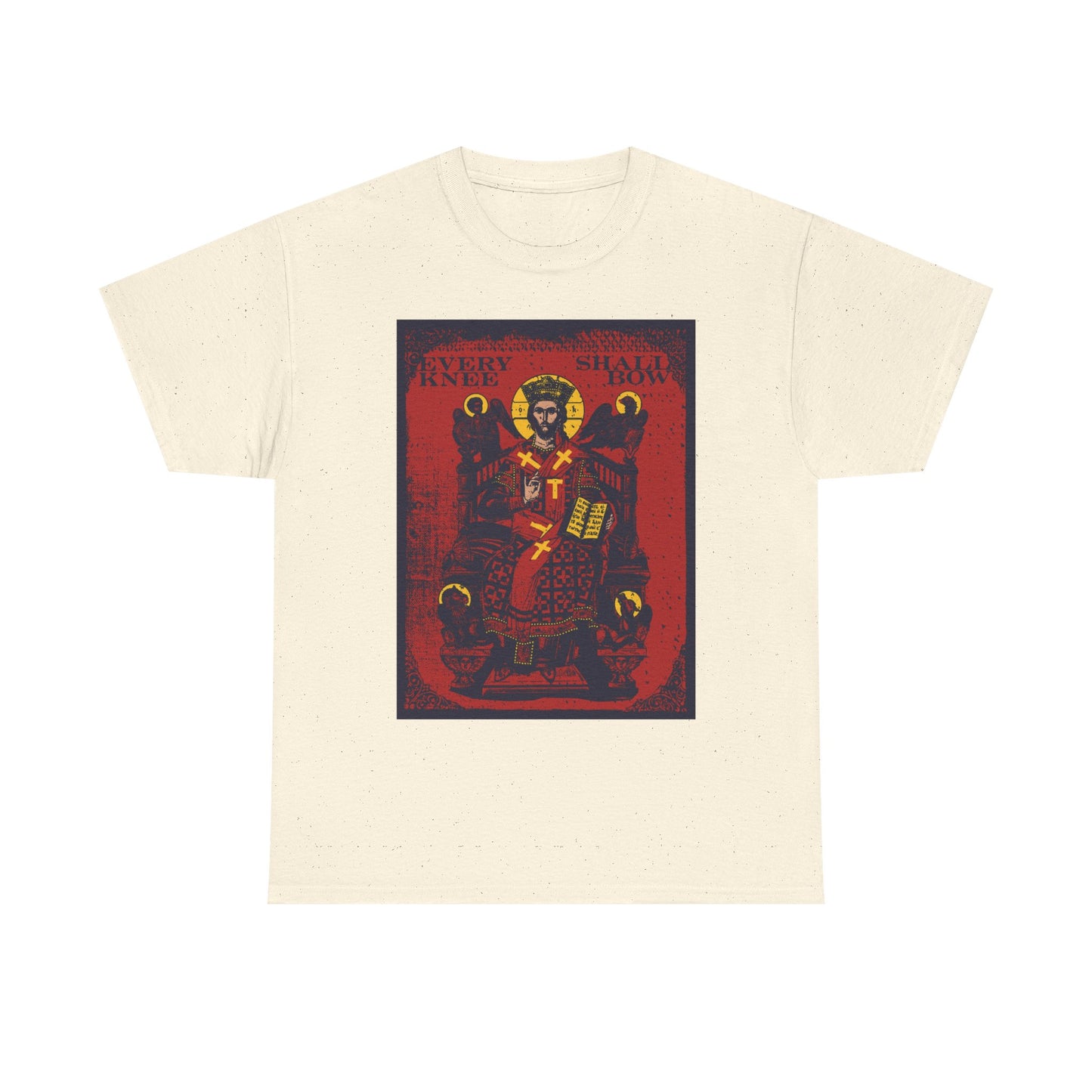 Natural heavyweight cotton t-shirt featuring the "Every Knee Shall Bow" design, inspired by Phil 2:8-11 & Isaiah 45:23, with a Christ Enthroned IconoGraphic and Ezekiel's Chariot.