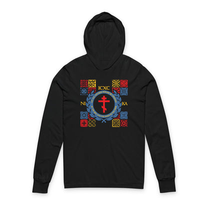 Let All Adverse Powers Be Crushed (Red, Yellow & Blue Design) | ICXC NIKA | Medieval Tile Design | Orthodox Long Sleeve Hooded Shirt