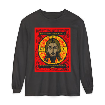 Remembrance of Death “Made Without Hands” long sleeve shirt features a red, black, and yellow Orthodox icon of Jesus (Mandylion/Image of Edessa) in ornate patterns with the Troparion Tone 2 text: “Blessed is Christ our God, He-Who-Is...”.