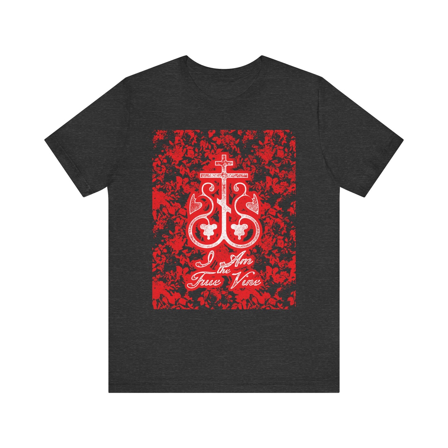 Dark Grey Heather tee featuring a red and black floral Orthodox cross and "I Am the True Vine" monogram (John 15:1)—a lightweight unisex cotton shirt, perfect for expressing your faith boldly.