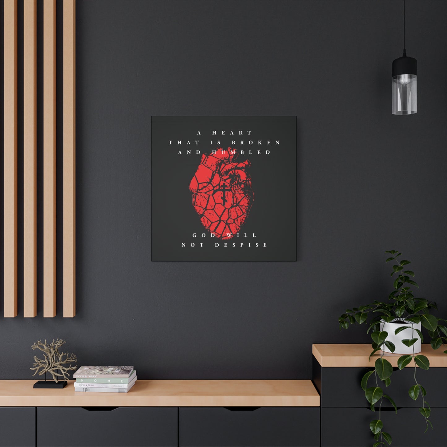 Christian canvas art featuring a cracked red heart and Orthodox cross, with the quote "A heart that is broken and humbled God will not despise," inspired by Psalm 51's prayer of repentance.