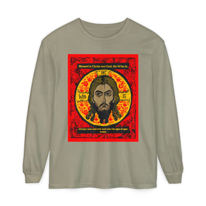 The Remembrance of Death "Made Without Hands" long-sleeve shirt features a khaki base with a red, black, and yellow Orthodox Jesus Christ icon and Troparion Tone 2 text above and below the image.