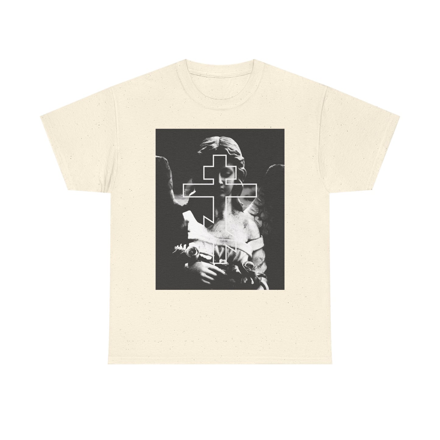 Natural midweight cotton tee featuring a grayscale cemetery angel and Orthodox cross graphic with “Remember You Will Die” for a gothic, memento mori look—perfect for the devout or anyone embracing a goth aesthetic.