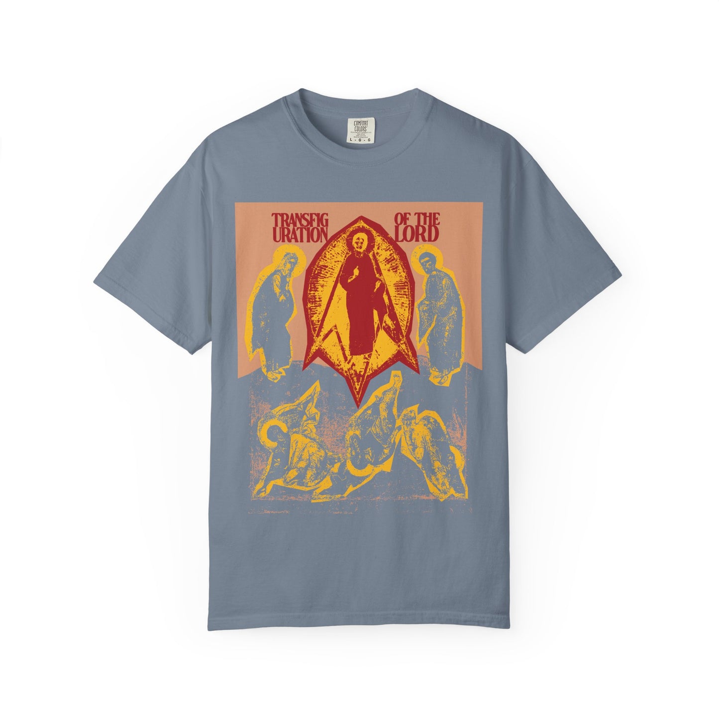 Certainly! Here’s a rewritten sentence using your product data: Blue Jean heavyweight cotton unisex tee featuring a punk zine cut out aesthetic graphic inspired by the Transfiguration of the Lord, with three figures below—Orthodox Christian iconography reimagined.